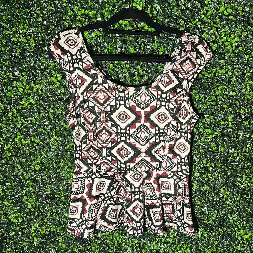 Burgundy, White & Black Aztec Top.